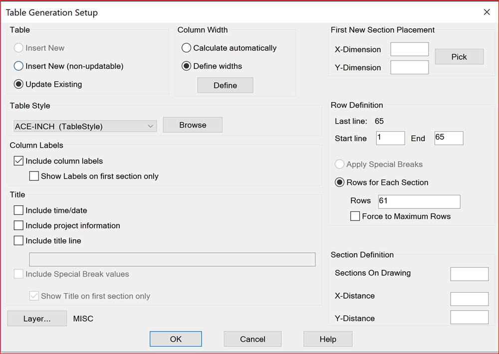 autocad table generation setup